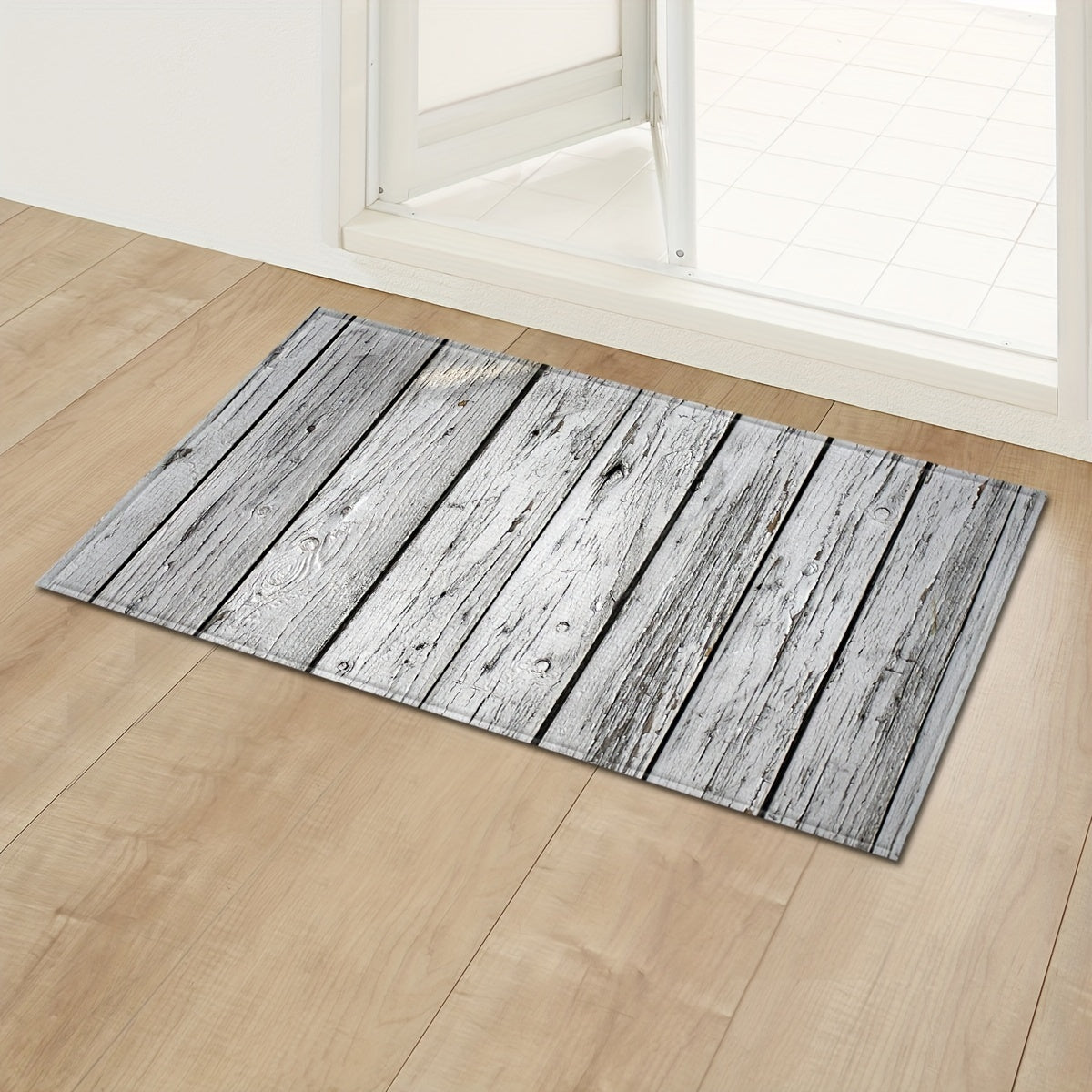 Gray and White Wood Grain Entrance Mat Water Absorbent Non-Slip Floor Rug