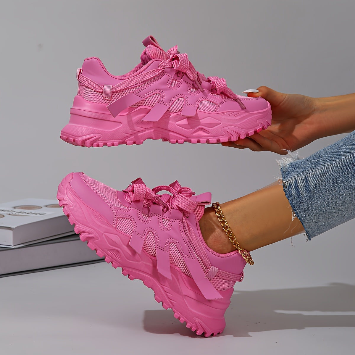 Women's Pink High-Top Sneakers with Lace-Up Design and Lightweight EVA Sole