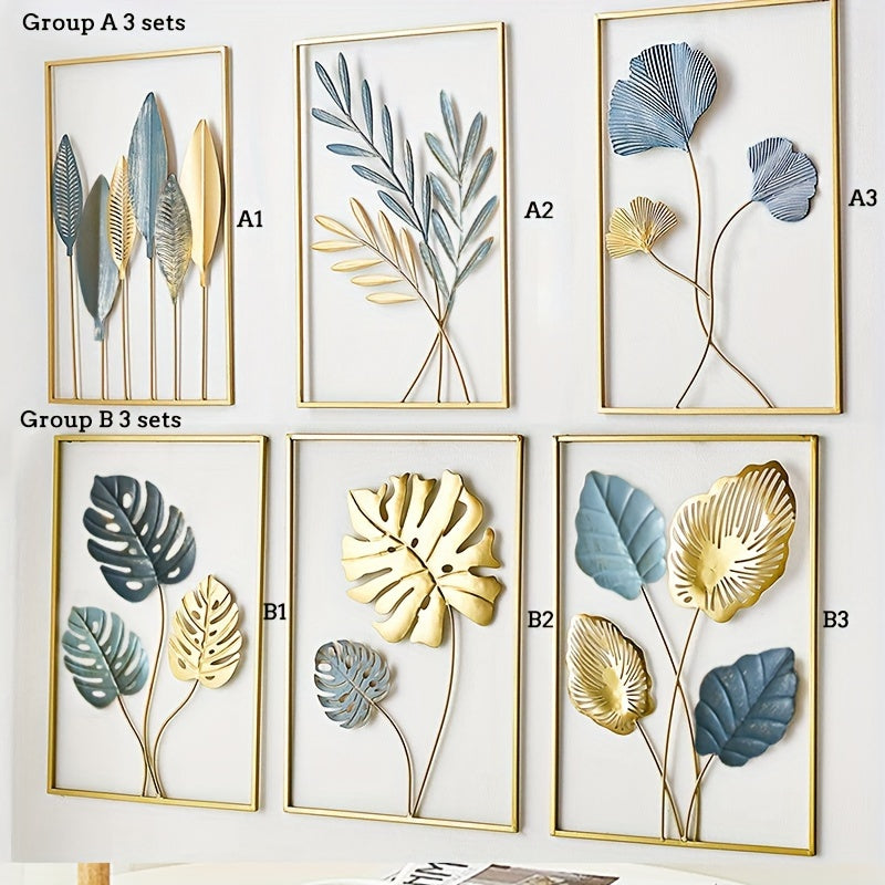 Minimalist Gold Metal Wall Decor Set 43.94x29.97cm Leaf Wall Art for Living Room Bedroom