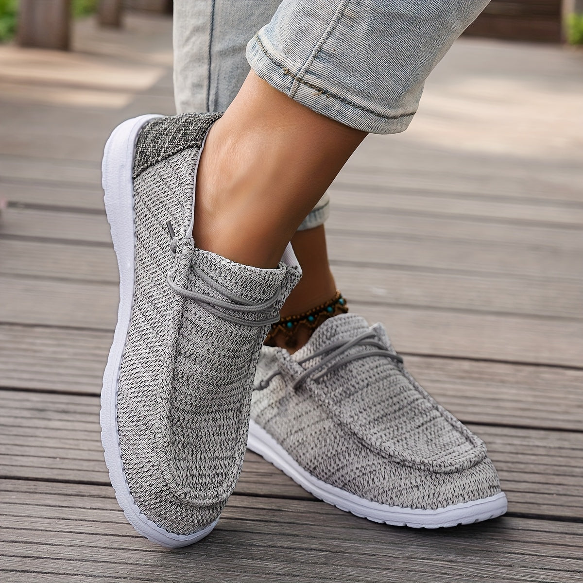 Women's Knit Slip-On Shoes with Round Toe Breathable Anti-Slip Flat Sole