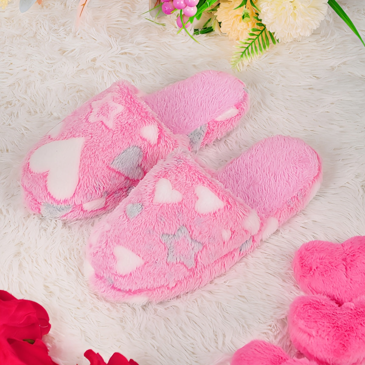 Women's Plush Non-Slip Indoor Slippers with Heart and Star Patterns Pink and Black