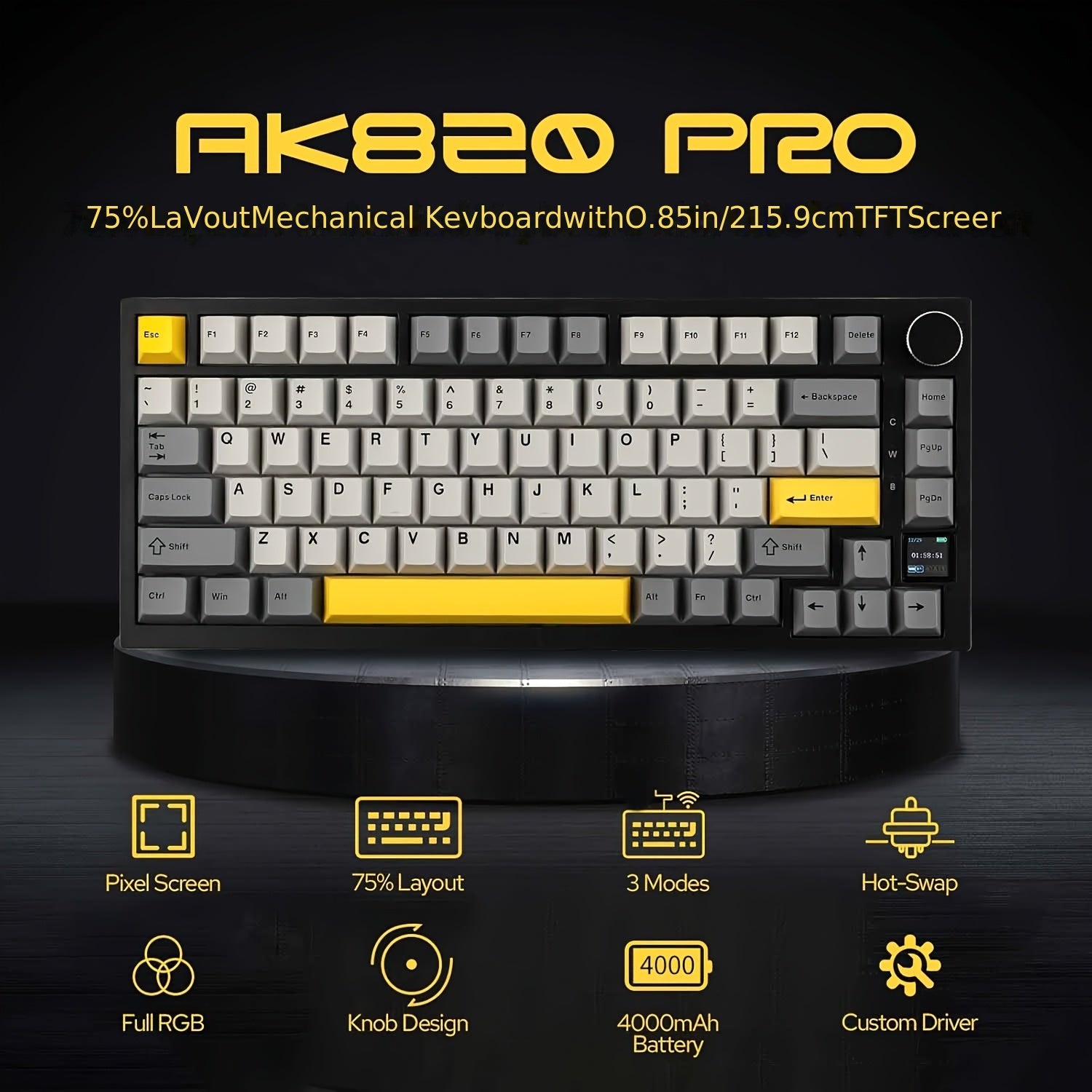 75% Mechanical Keyboard with TFT Display RGB LED Wireless Wired USB-C Knob Control Black Gray Yellow