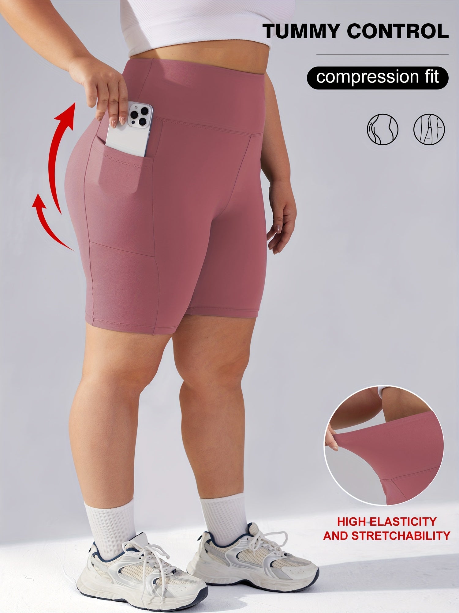 Plus Size Women's High-Waisted Tummy Control Workout Shorts with Pockets