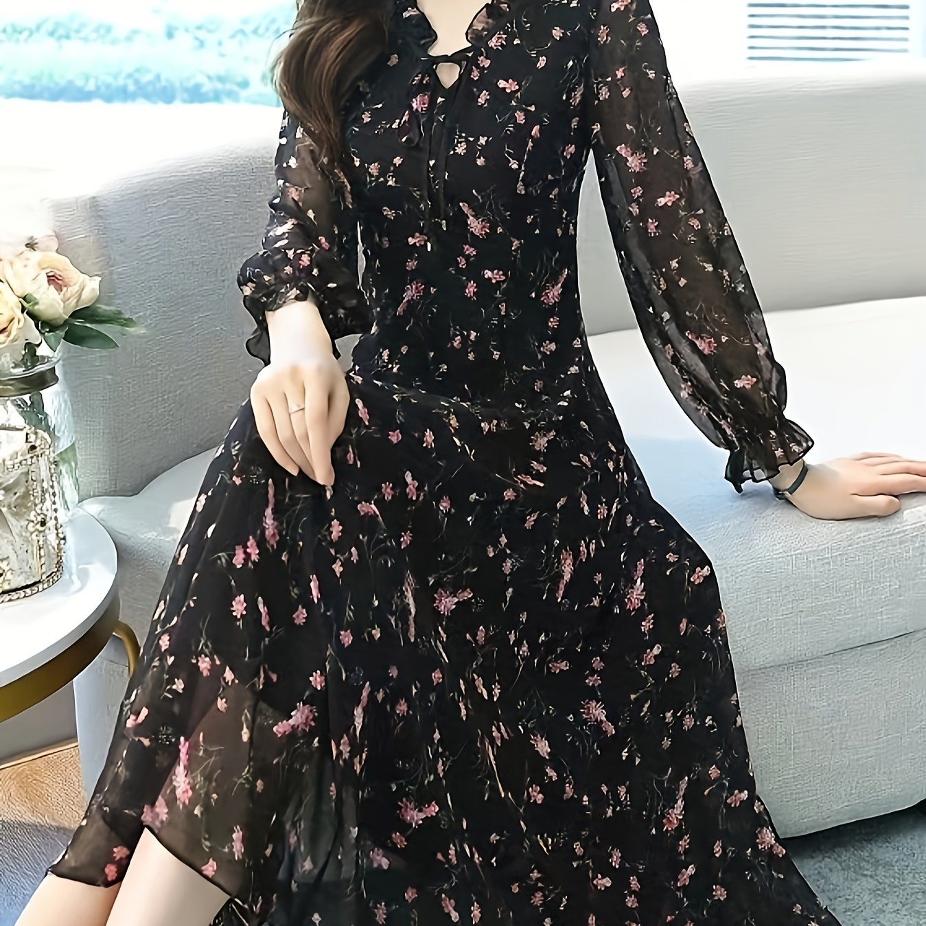 Women's Long Sleeve Ditsy Floral Polyester Dress V-Neck for Women