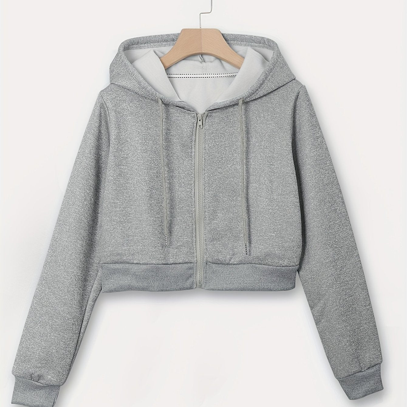 Women's Cropped Hoodie with Drawstring, Long Sleeves, Zipper, Fall and Spring Casual Wear
