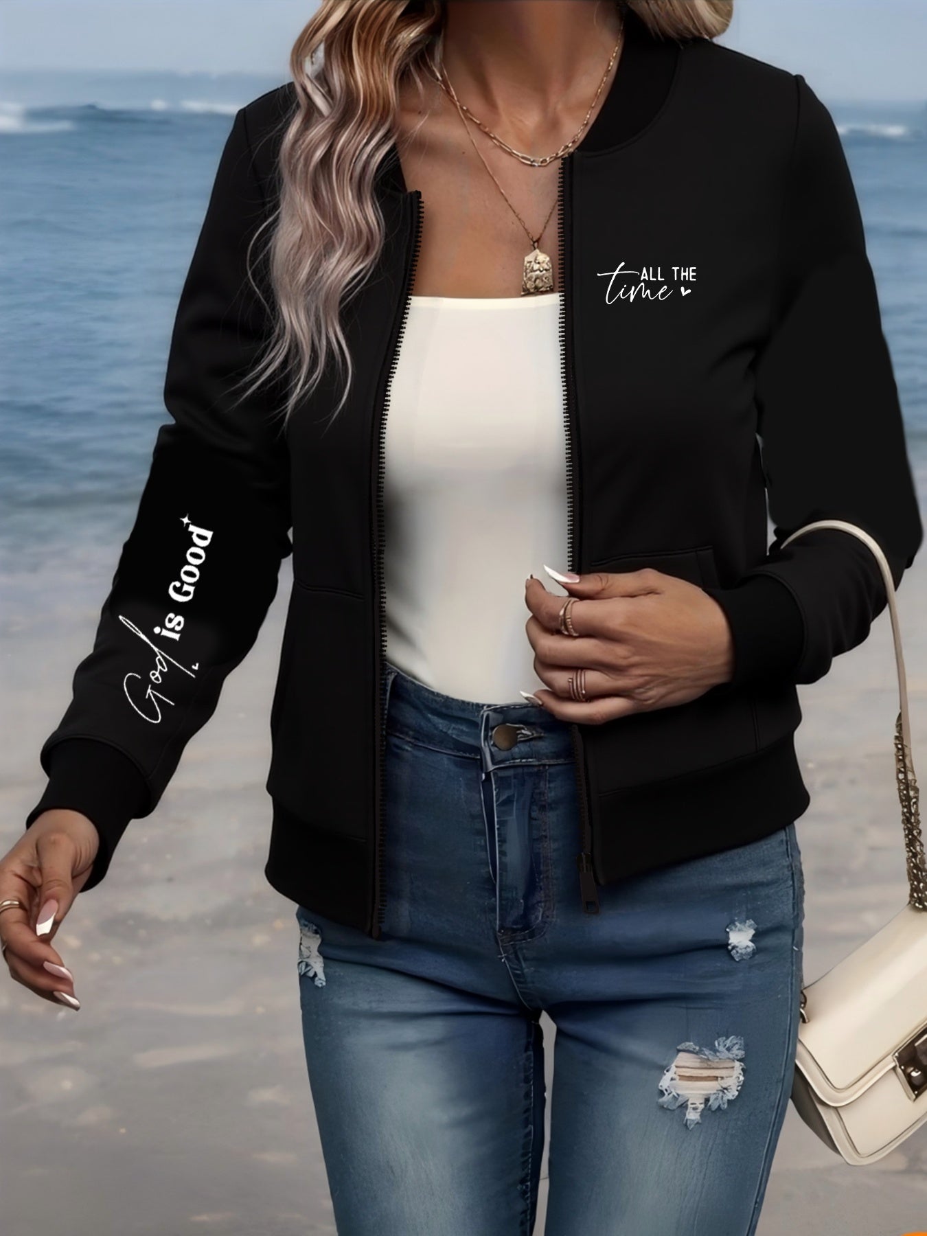 Plus Size Women's Bomber Jacket with Zipper Pockets and Long Sleeves