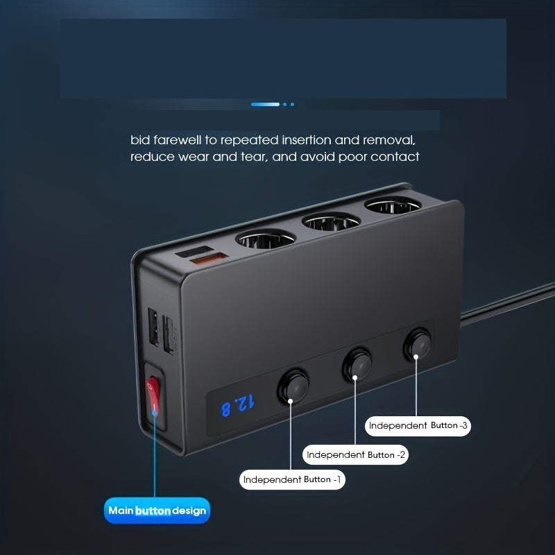 Cargador de coche de alta potencia con puertos USB y pantalla de voltaje