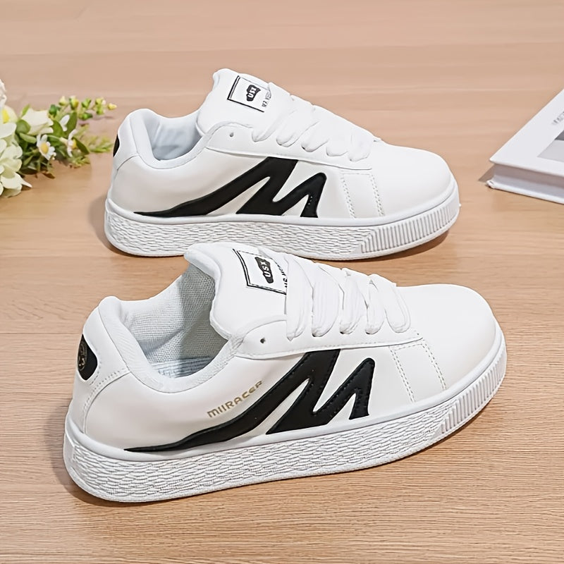 Women's Low-Top Lace-Up Sneakers Black White Synthetic Casual Shoes All-Season Comfort