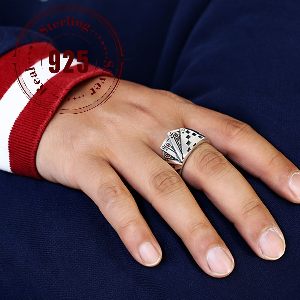 Vintage Hip-Hop uslubi uniseks 925 sterling kumush poker halqasi, ochiq tasma, 9g, kundalik kiyim va partiyalar uchun ideal, ayollar uchun moda zargarlik aksessuari