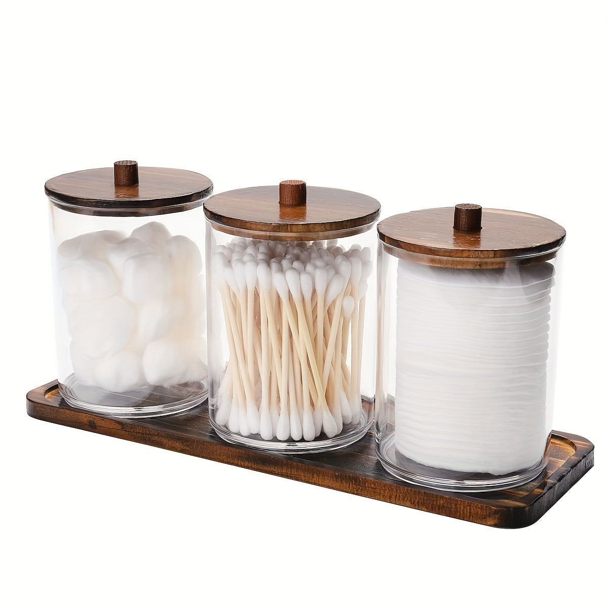Set de organizadores de almacenamiento para baño de plástico transparente con inspiración vintage y bandeja de madera