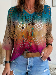 Women's Bohemian V-Neck Knit Top Spring Summer Colorful Gradient Lightweight