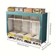 4 ta tortma va 4 ta osma kiyim ustuni bilan qulay kiyim saqlash uchun mustahkam po'lat quvurli shkaf. Silliq po'lat ramkali, mustahkam rangli mato shkafi va tortmalar va shkafni oddiy yig'ish. Oson ko'chiriladigan shkaf variant.