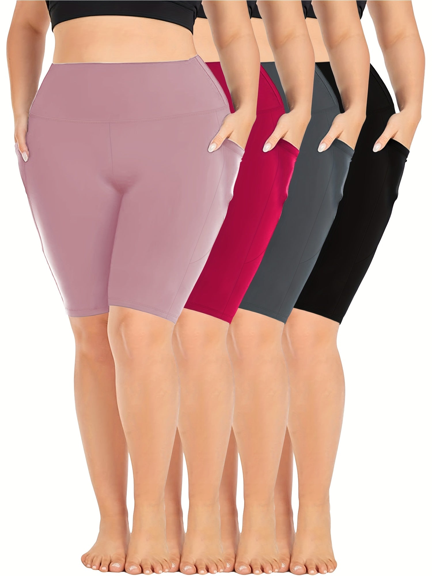 Plus Size Biker Shorts 4-Pack Polyester Knit High-Waisted Pockets Summer