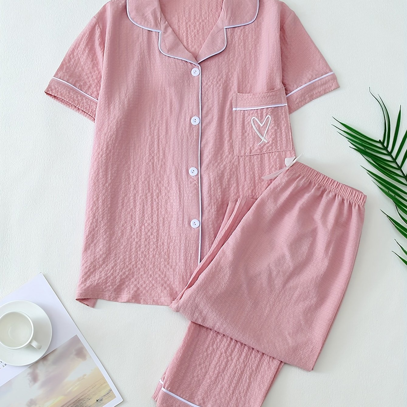 Women's Heart Embroidery Casual Pajama Set Short Sleeve Top and Long Pants