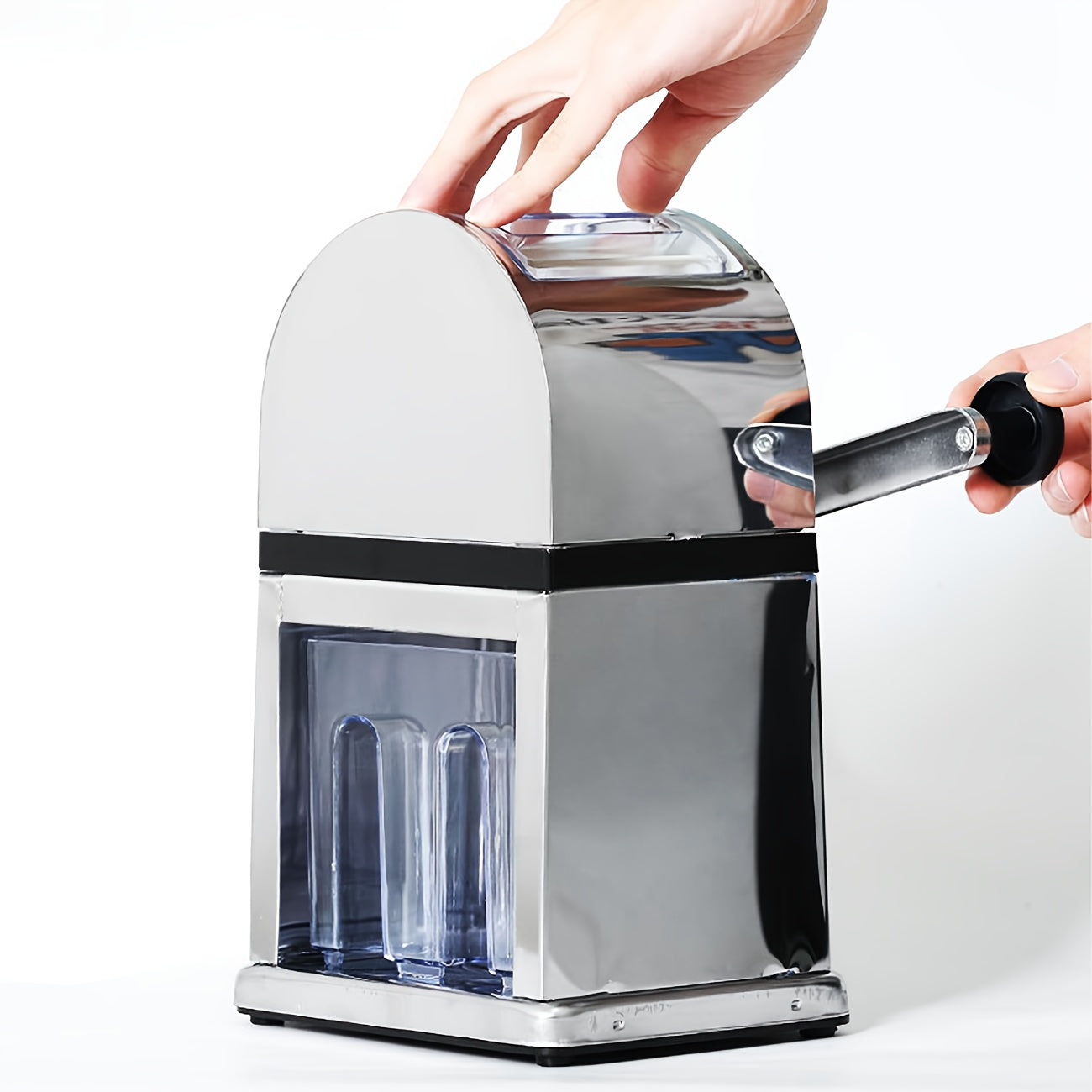 Stainless steel manual ice crusher with clear collection bin for home bar parties