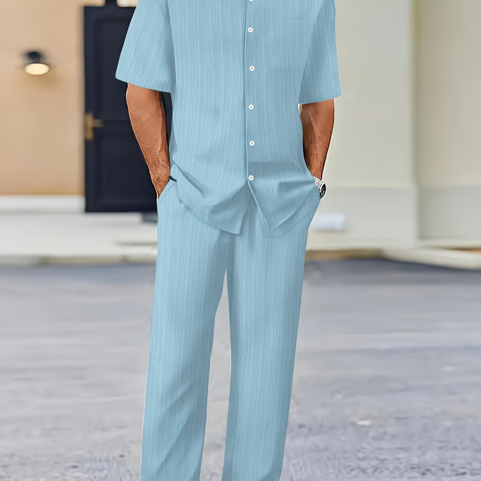 Men's Short Sleeve Striped Sweatsuit Set with Button Collar and Elastic Waist Pants Summer Woven Polyester Spandex