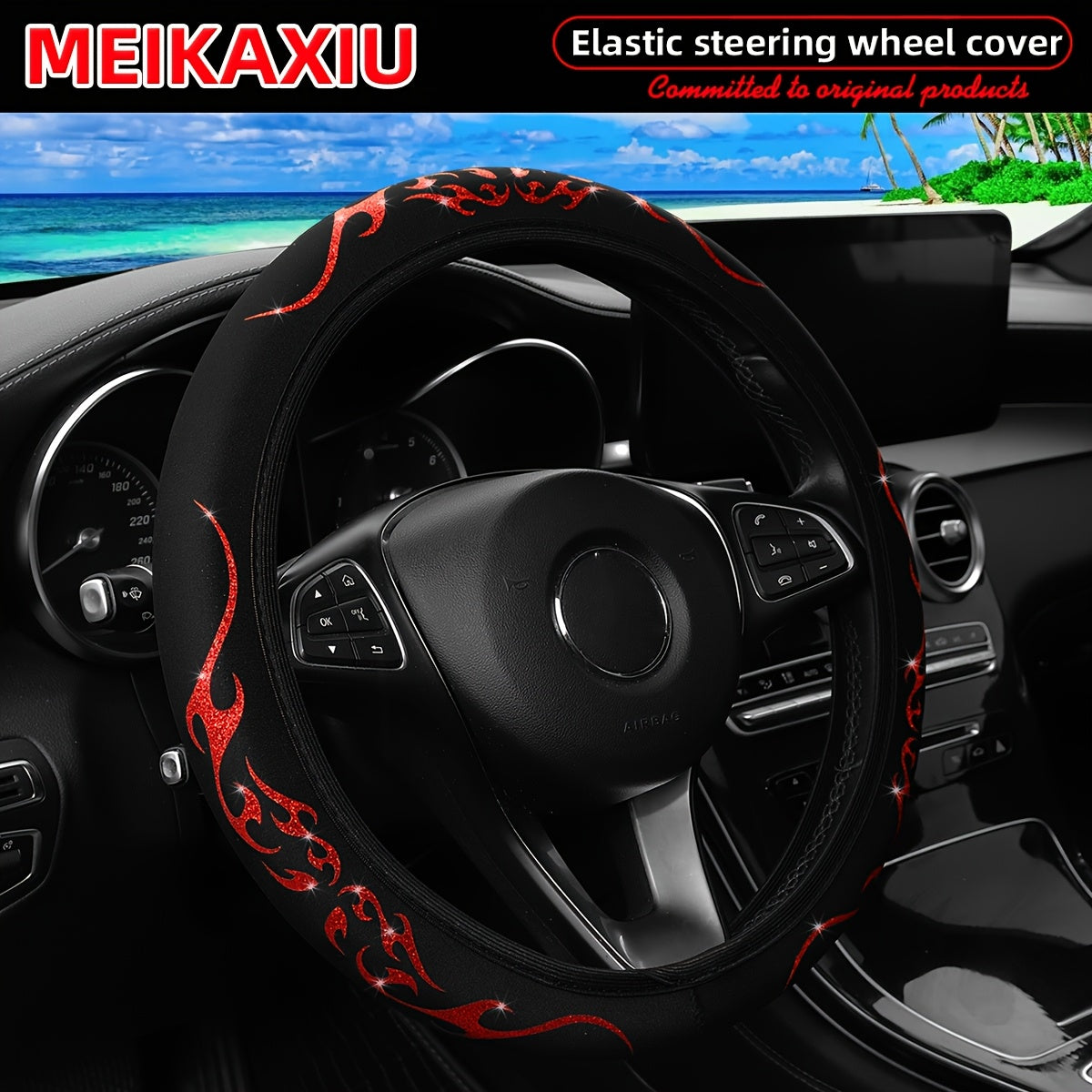 Vibrant Fabric Steering Wheel Cover Non-slip Waterproof Flame Design For 14.5-15 Inch Cars