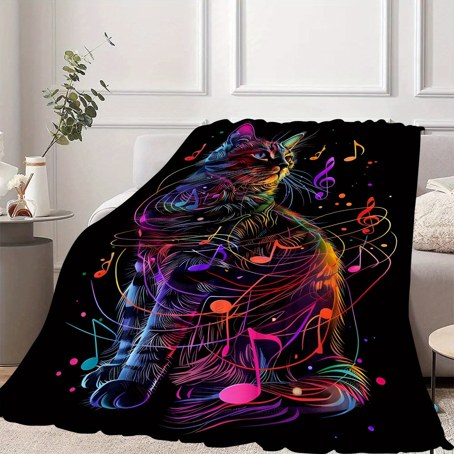 Colorful Music Cat Print Flannel Blanket for Sofa Bed Camping Travel Lightweight 200-250gsm