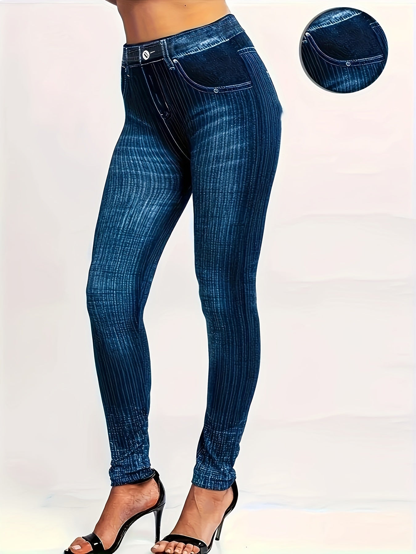 Plus Size High-Waisted Skinny Pants Black Vertical Stripe Fitted Trousers