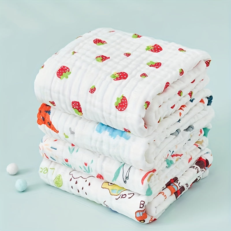 Baby Cotton Swaddle Blanket 104cm Breathable Six-Layer Gauze with Cartoon and Strawberry Patterns