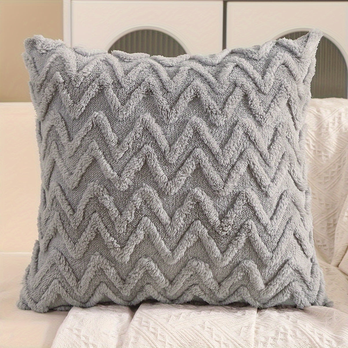Pair of Beige Geometric Pattern Throw Pillow Covers 100% Polyester Zipper Closure