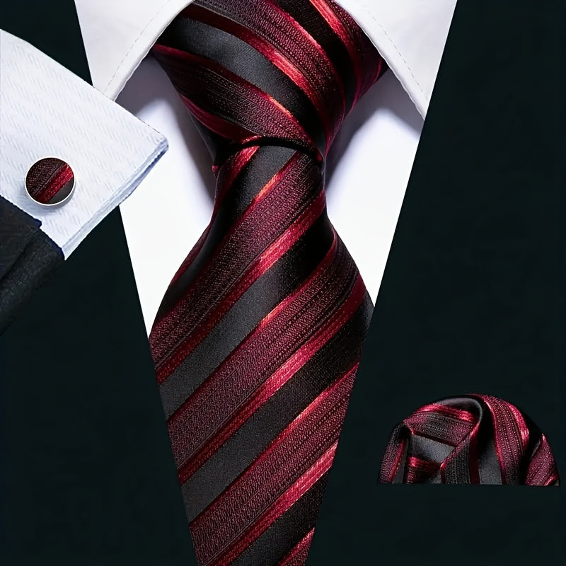 Men's Classic Striped Necktie Set with Handkerchief and Cufflinks for Business Parties