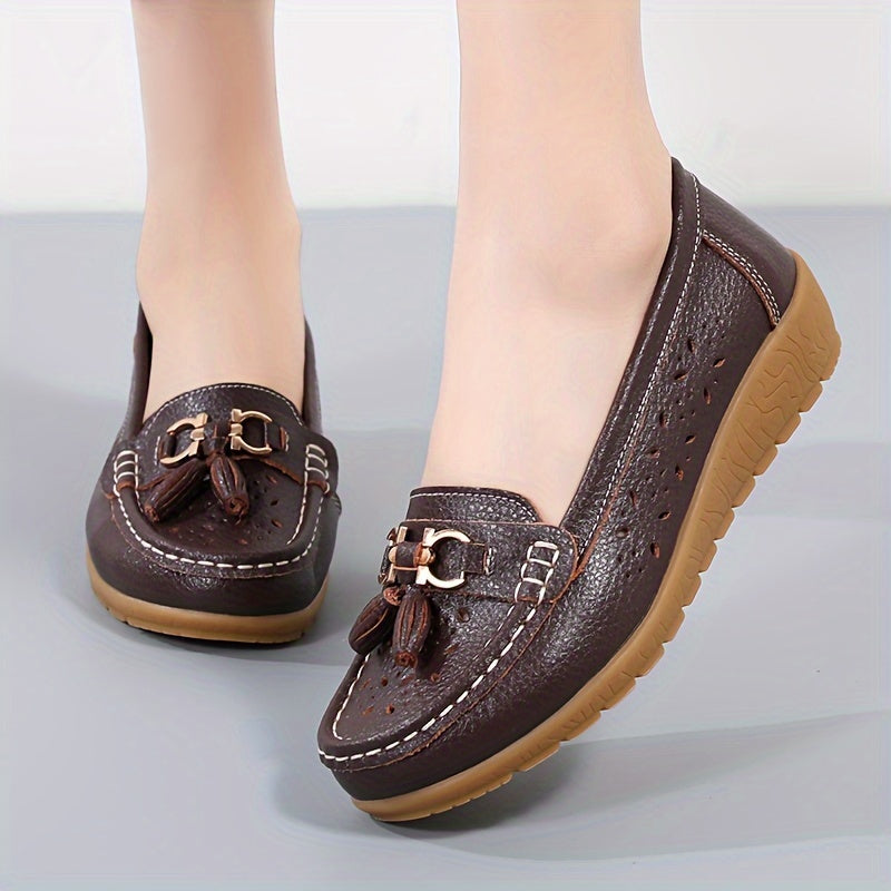 Women's Hollow Out Leather Loafers Flat Slip-On Shoes for Breathability