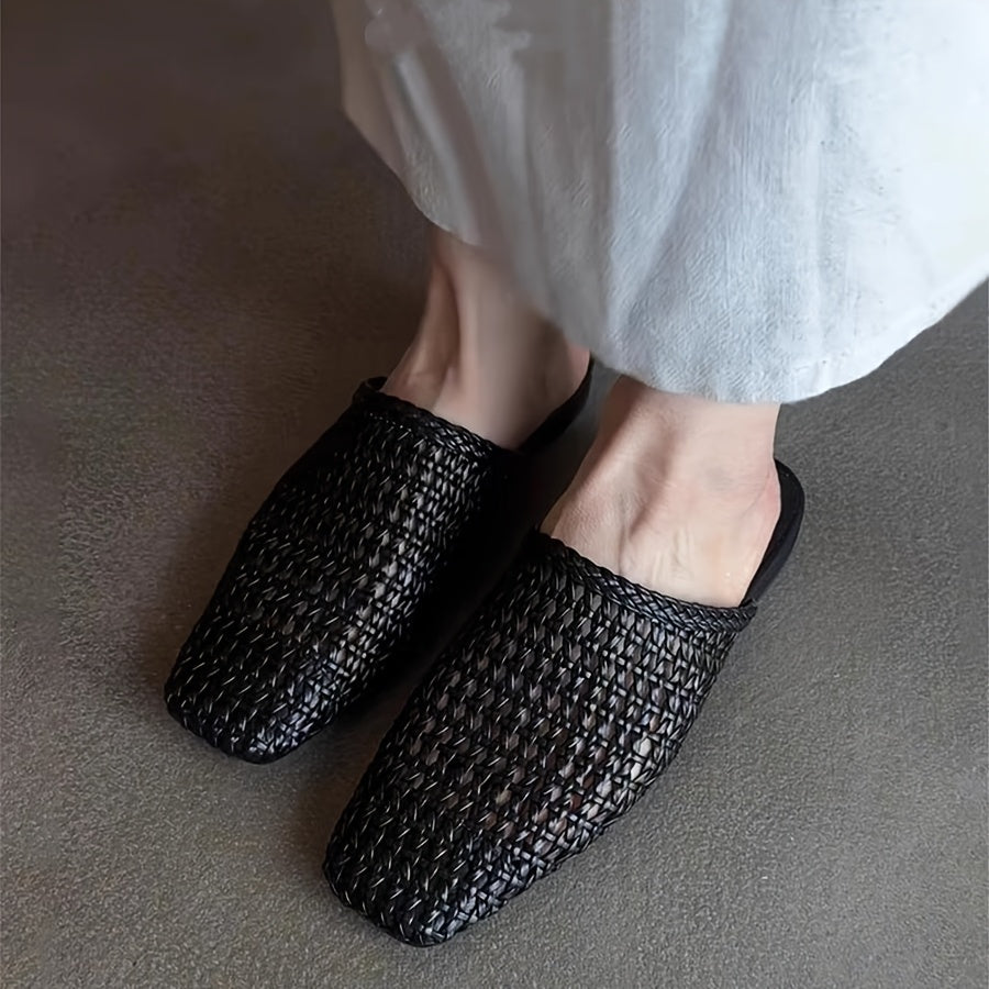 Women Crochet Mules Breathable Open-Toe Summer Shoes Beige Synthetic Flat Heel