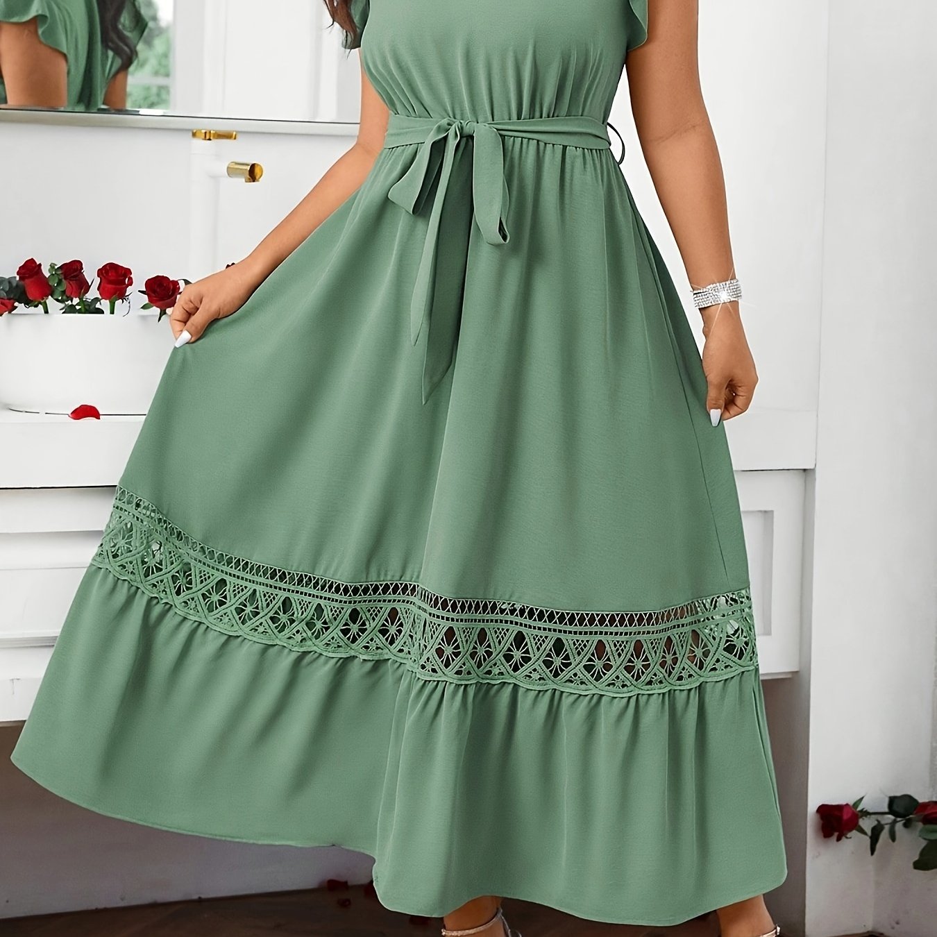 Women's Casual Midi Dress with Ruffle Sleeves and Belt in Solid Polyester