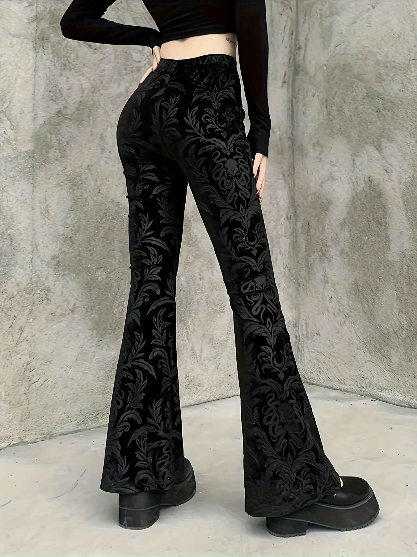 Women's Black Velvet Flare Leg Pants High-Waisted Floral Pattern