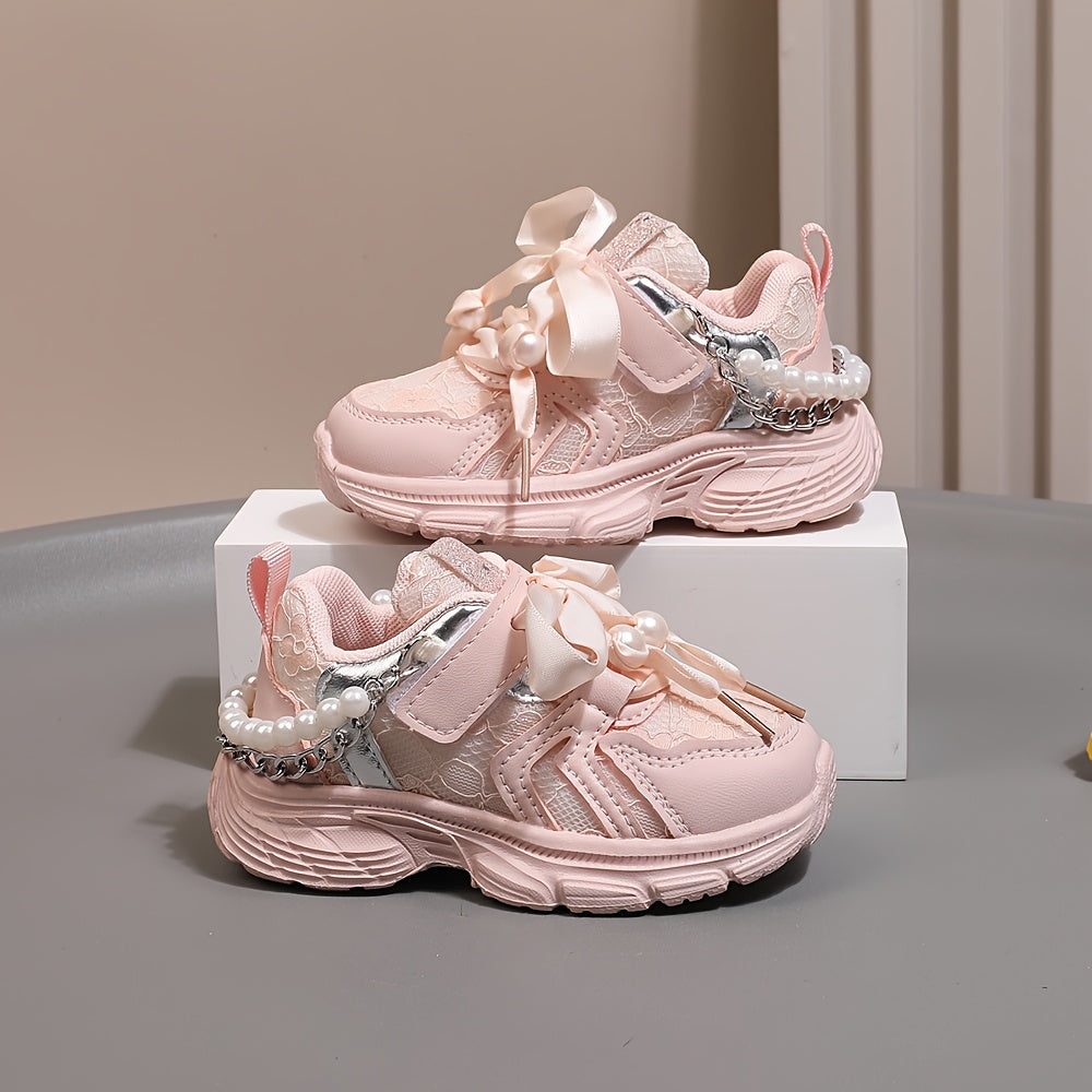 Toddler Girls Sneakers with Pearl Chain Casual Lace-Up Breathable Fabric EVA Sole Beaded Design for Spring Fall
