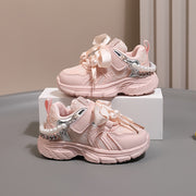 Toddler Girls Sneakers with Pearl Chain Casual Lace-Up Breathable Fabric EVA Sole Beaded Design for Spring Fall