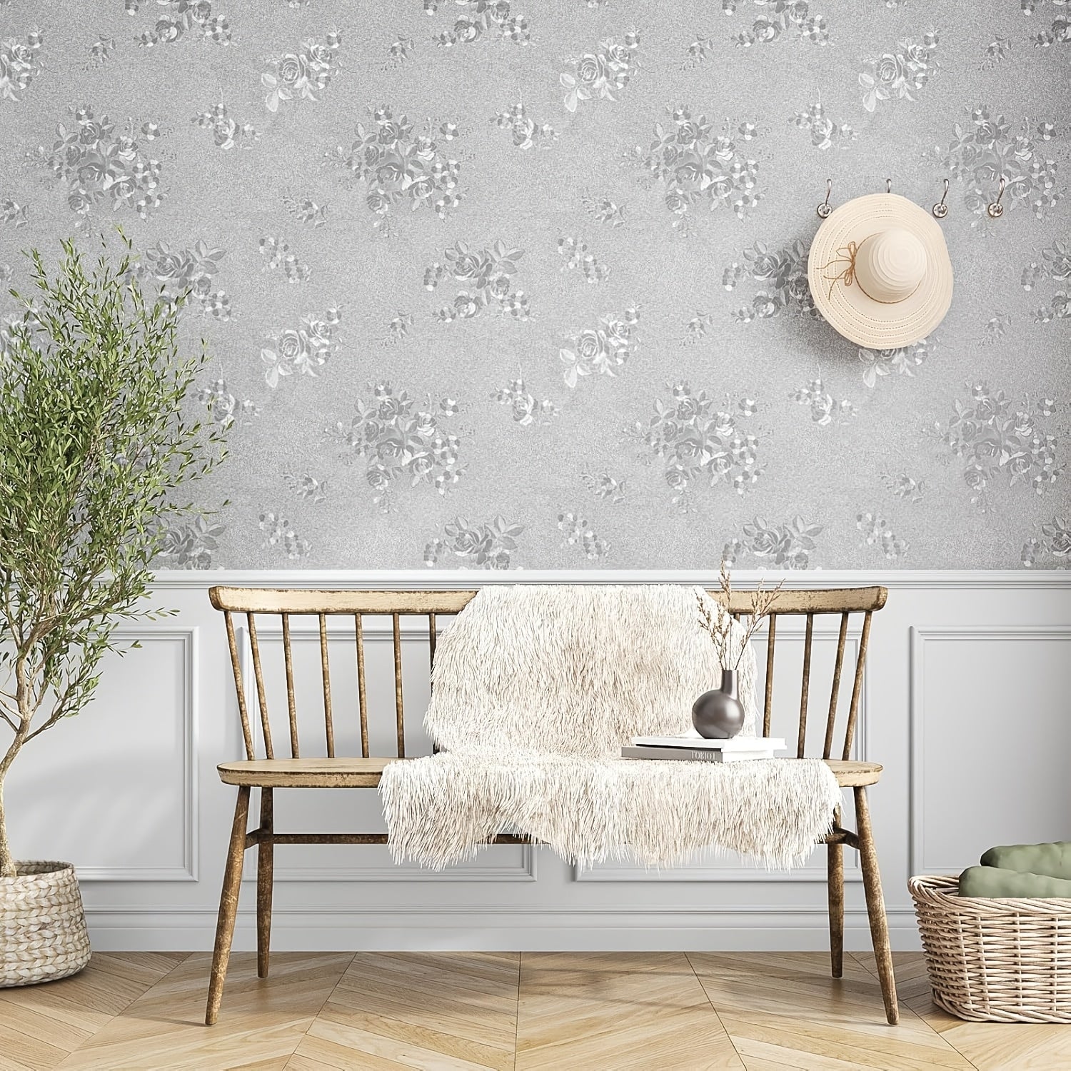 Silver Gray Floral Vinyl Wallpaper Roll Self-Adhesive Removable for Home Decor