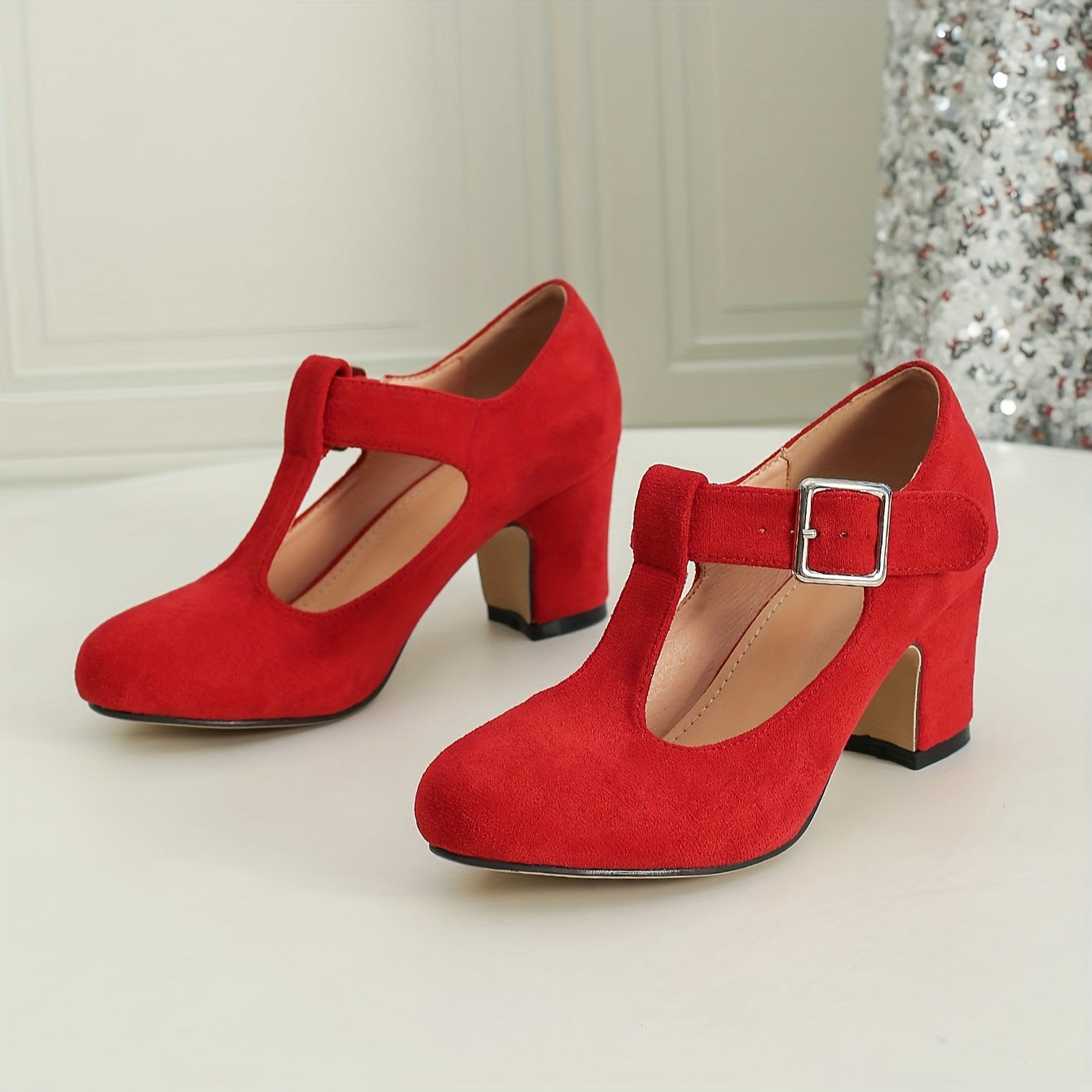 Women's Casual High Heeled Mary Jane Shoes T-Strap Buckle Chunky Heel