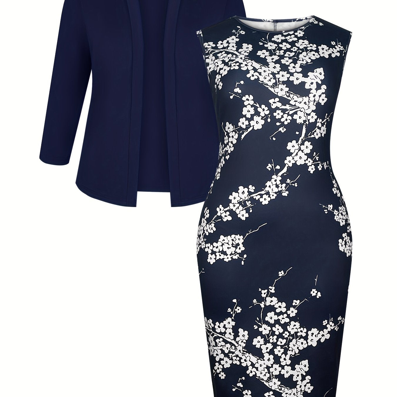 Plus Size Polyester Blazer Dress Set with Elastane High Stretch Elegant Style