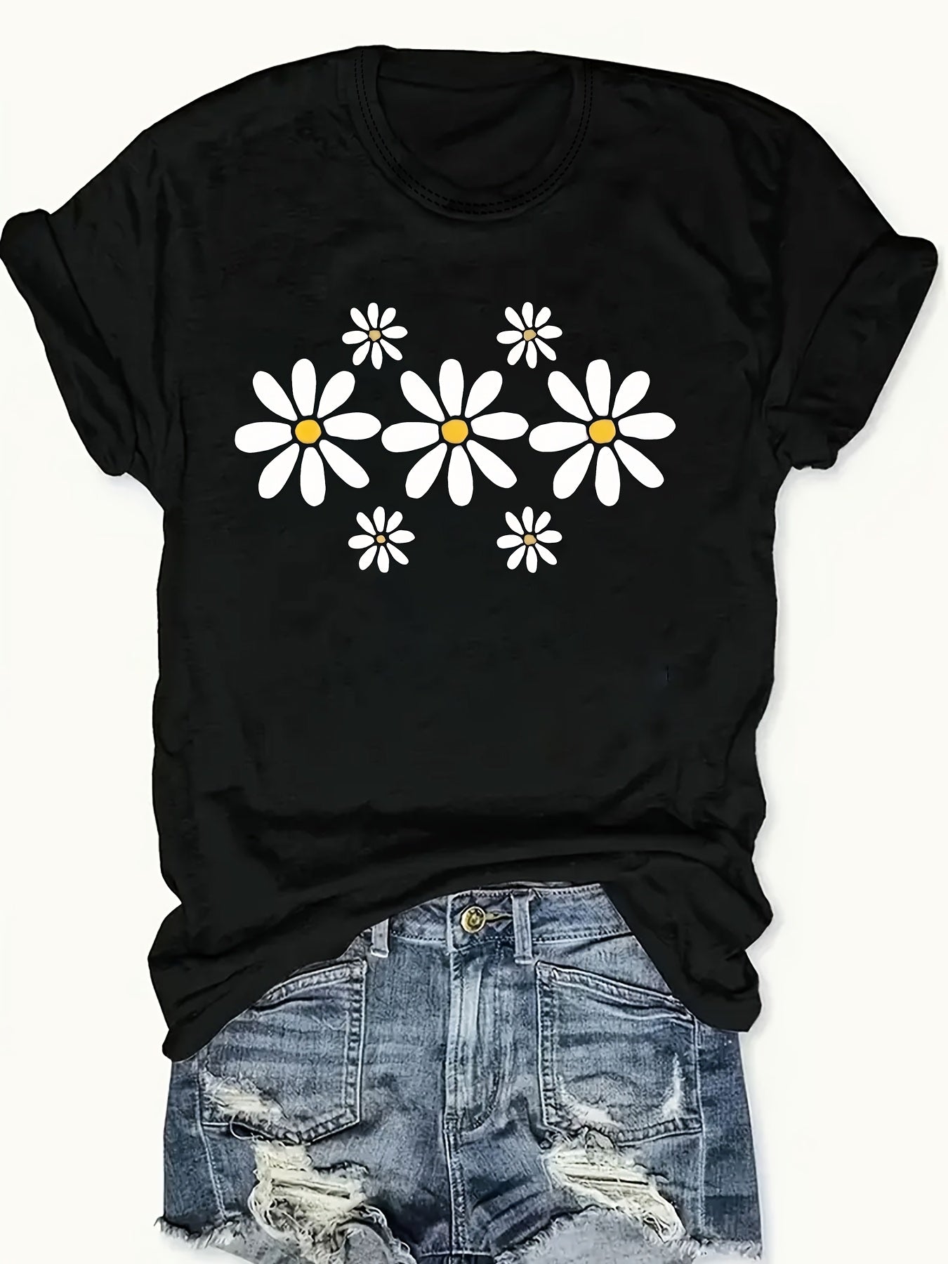 Women's Black Daisy Floral Print Short Sleeve T-Shirt Casual Summer Top