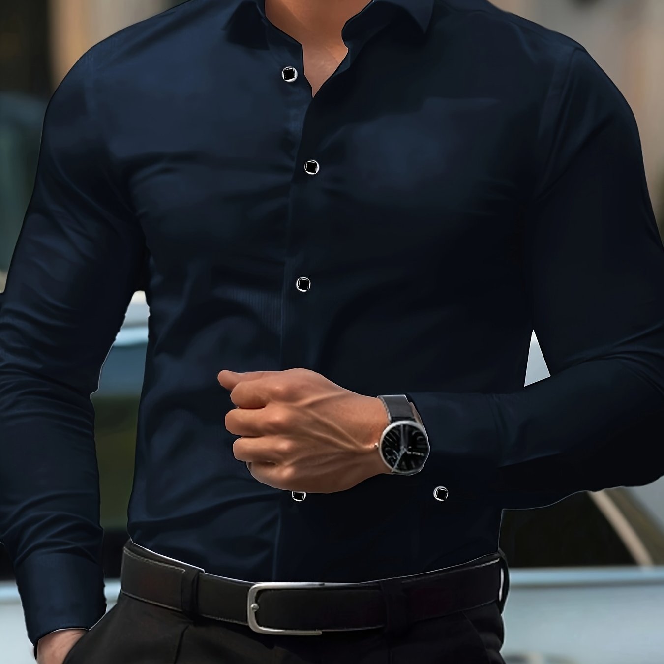 Men's Black Long Sleeve Dress Shirt Geometric Pattern Slim Fit All-Season Button-Up