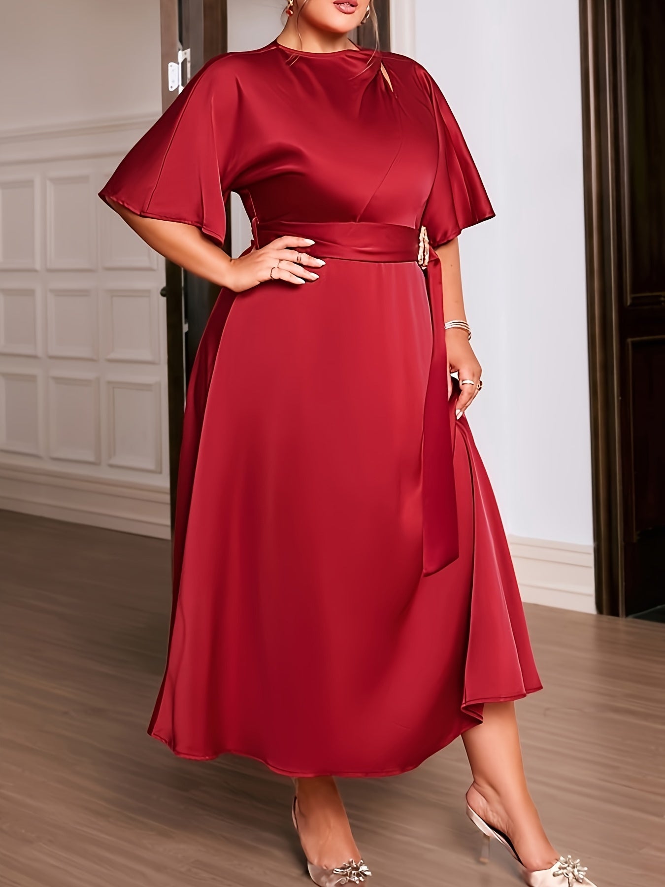 Women's Plus Size Long Dress Polyester Spandex Blend Crew Neck Short Sleeve Wedding Guest