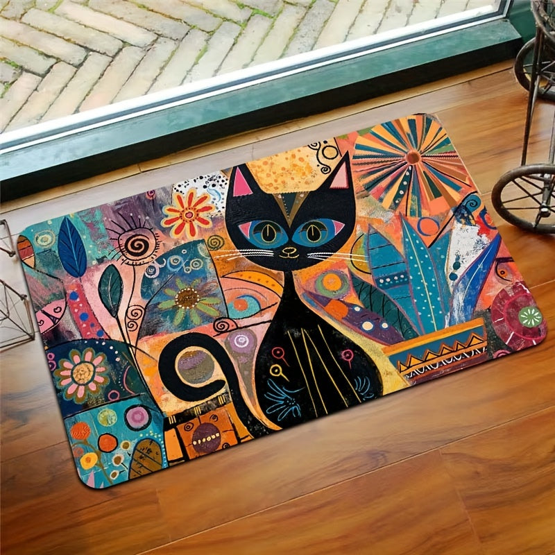 Abstract Art Cat Doormat Non-Slip Polyester Washable Entryway Rug