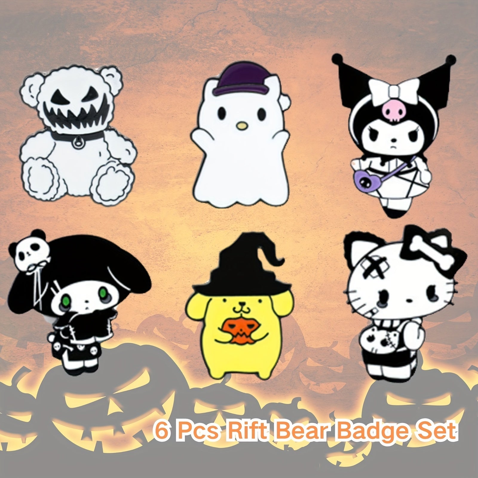 Set of 6 Halloween Enamel Pins with Cartoon Characters Hello Kitty My Melody Kuromi Witch Ghost Nurse Badges for Hats Bags Jackets