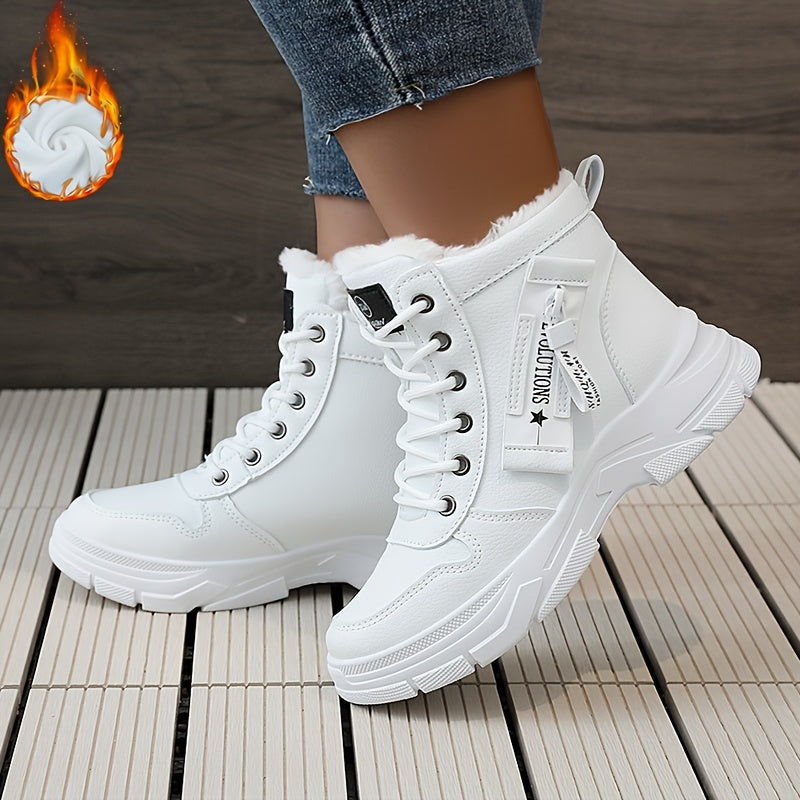 Women's Faux Leather Mid-Top Sneakers with Thick Platform Sole Beige Cold Weather Shoes