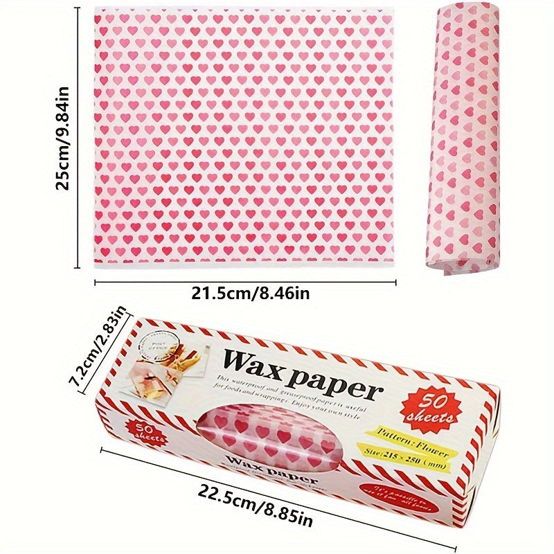 50 Pack Wax Paper Sheets Heart Pattern Greaseproof Waterproof Food Wrap