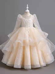 Girls Long Sleeve Evening Gown with Pearl Detail for Girls' Formal Events Polyester Dress