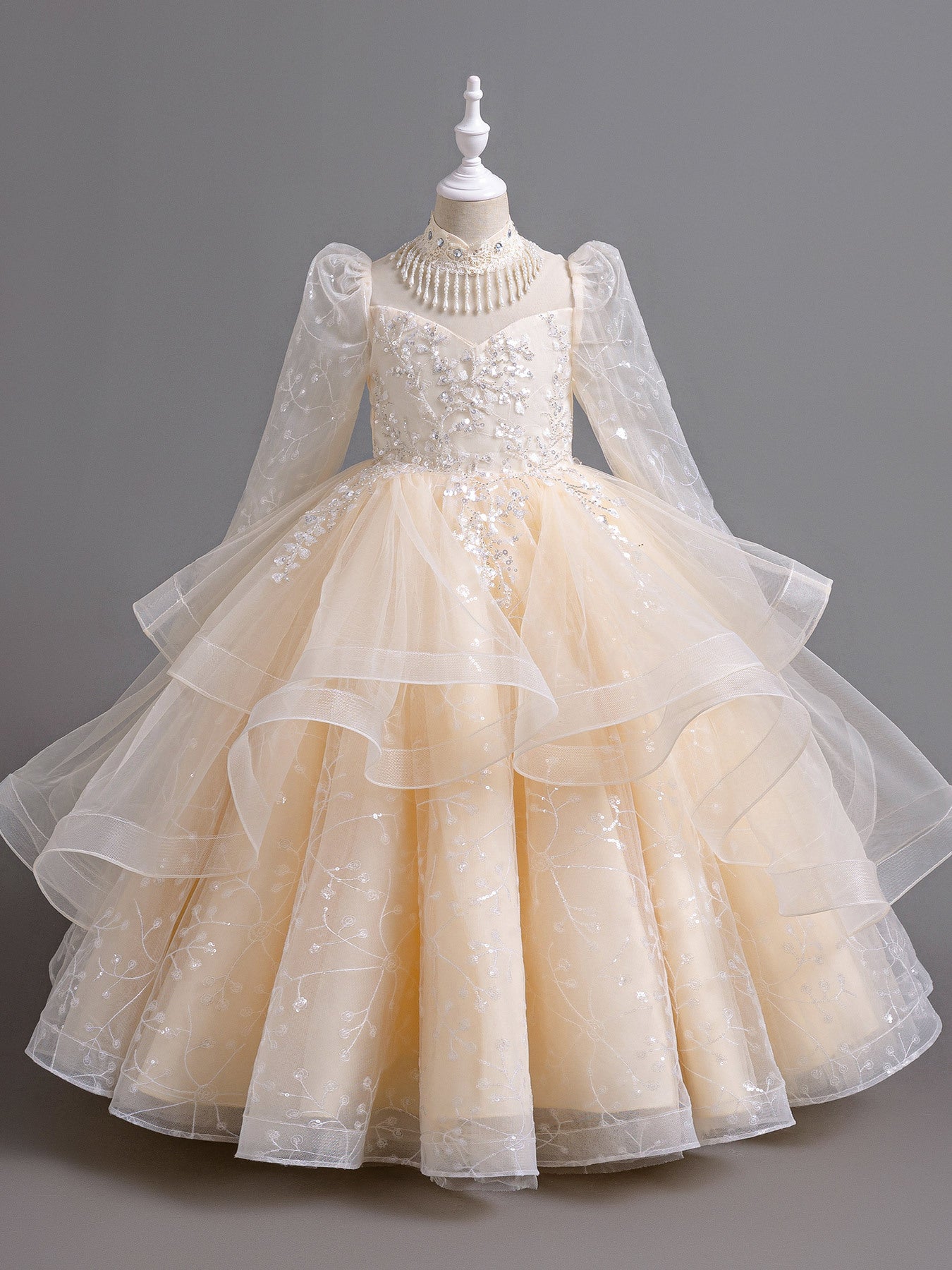 Girls Long Sleeve Evening Gown with Pearl Detail for Girls' Formal Events Polyester Dress