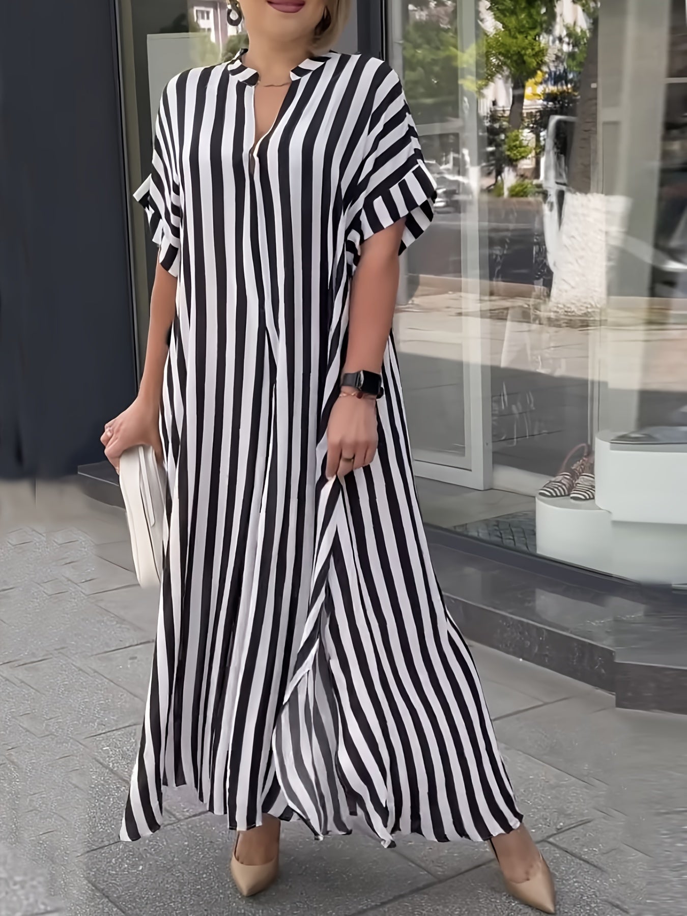 Plus Size Striped Longline Dress with Short Sleeves Notched Neck for Spring Summer Women