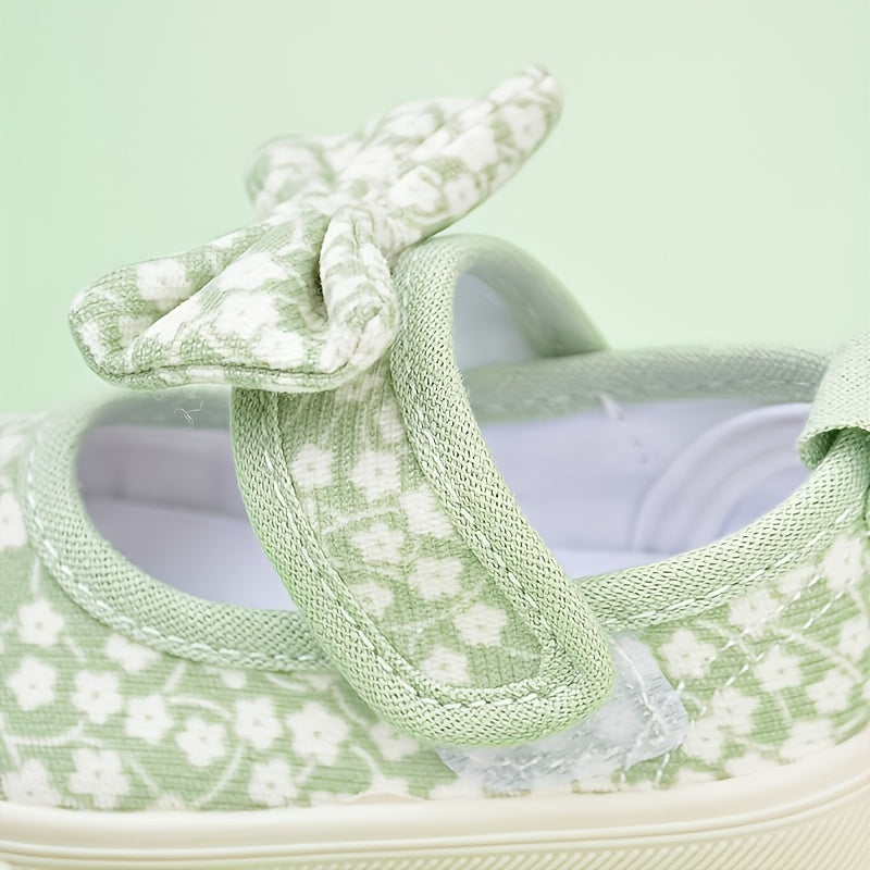 Girls Floral Print Canvas Sneakers with Bow Detail Non-Slip TPR Sole for Casual Outdoor Wear