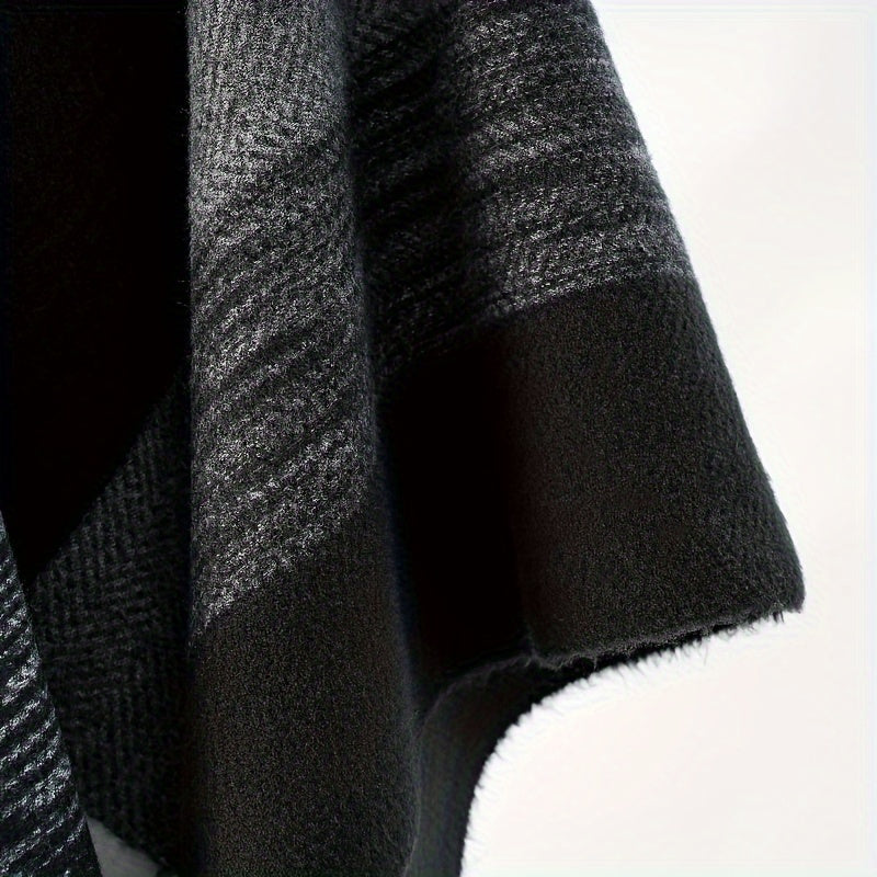 Women's Black and White Striped Cardigan Open Front Tassel Shawl Spring Autumn Windproof Warm Large Cloak