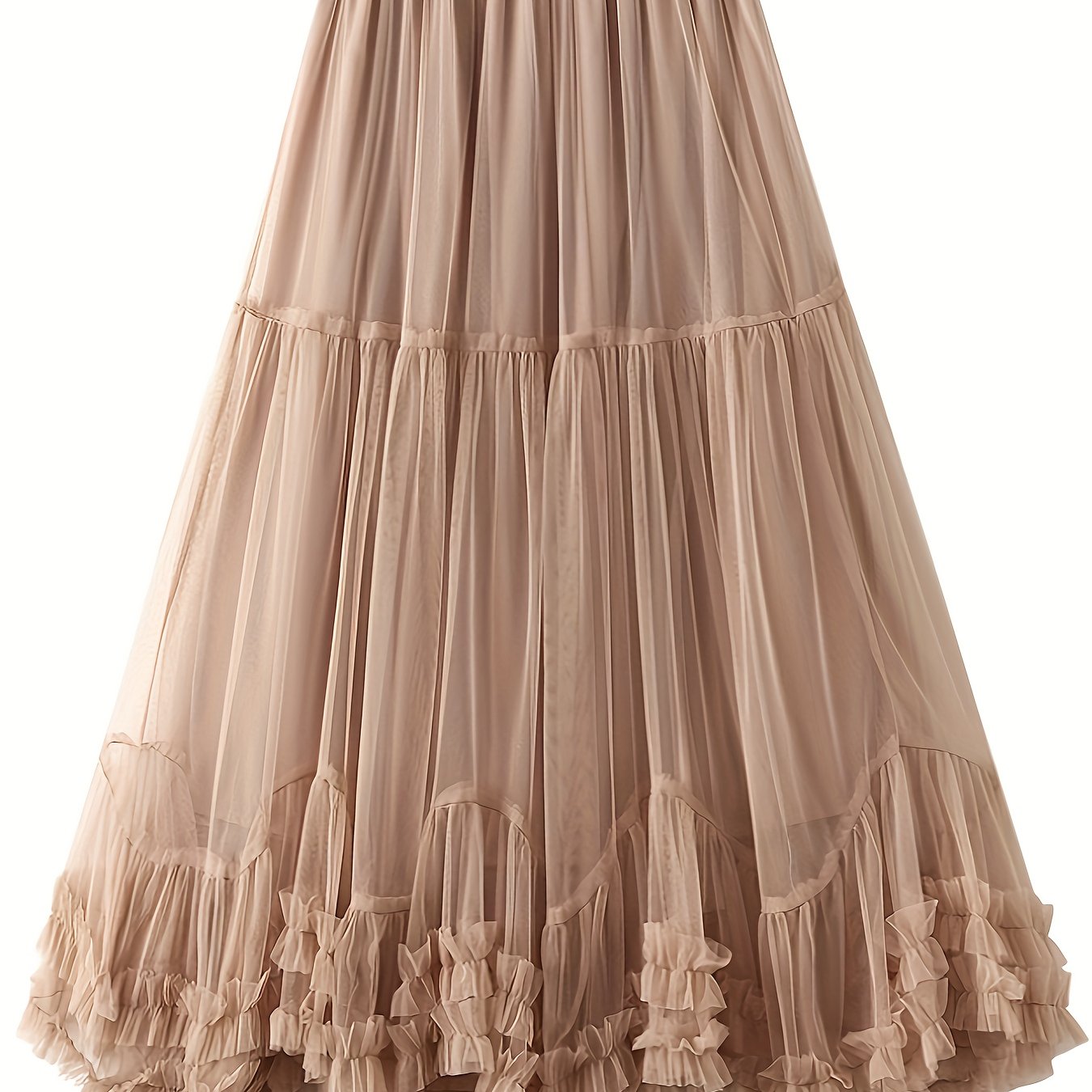 High-Waist Slimming Mesh Skirt with Ruffles Long A-Line Elegant Polyester