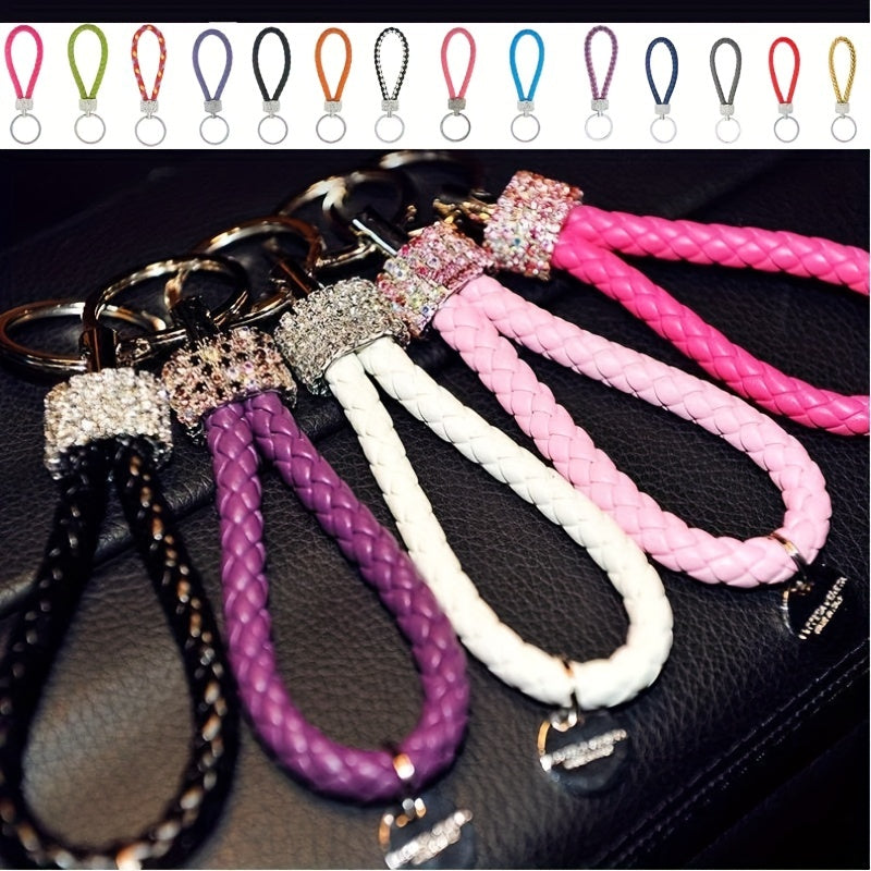 Unisex Braided Rope Rhinestone Car Keychain Monochrome Jewelry