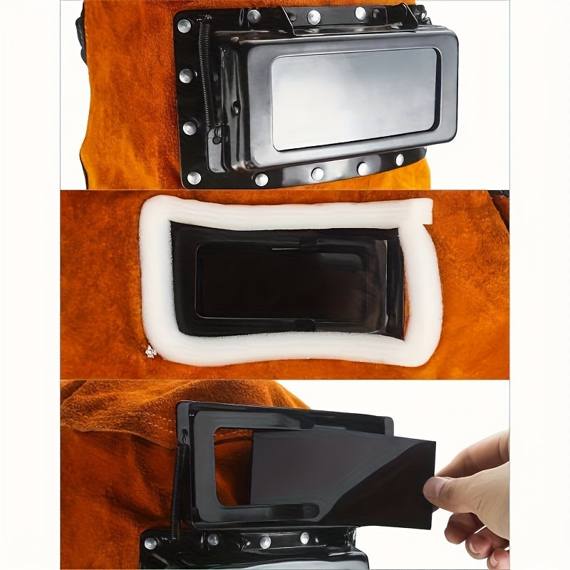 Sanoat foydalanishi uchun avtomatik qoraytiriladigan filtr linzasi, sun'iy charm kapyushon va shaffof ko'rish oynasi bilan apelsin rangli payvandlash shlemi.